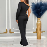 Plus Size Single Shoulder Long Sleeve Solid Pants Suit GATE-D463