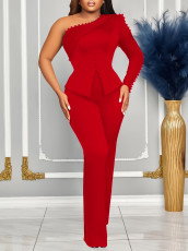 Plus Size Single Shoulder Long Sleeve Solid Pants Suit GATE-D463