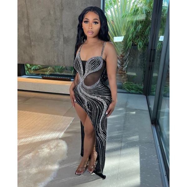 Mesh Hot Drill Sling Split Maxi Dress GOSD-6847
