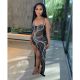 Mesh Hot Drill Sling Split Maxi Dress GOSD-6847
