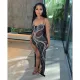 Mesh Hot Drill Sling Split Maxi Dress GOSD-6847