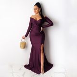 Sexy V Neck Off Shoulder Split Long Evening Dress AIL-143