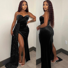 Sexy Sequin Patchwork Tube Top Maxi Dress GOSD-6923