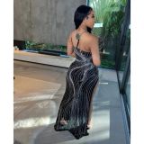 Mesh Hot Drill Sling Split Maxi Dress GOSD-6847