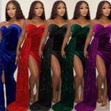 Sexy Sequin Patchwork Tube Top Maxi Dress GOSD-6923