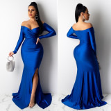 Sexy V Neck Off Shoulder Split Long Evening Dress AIL-143