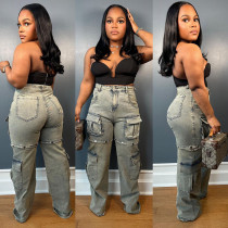 Plus Size Fashion Multi-pockets Removable Straight Jeans GAKF-41208