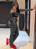 Gold Velour Print Hooded Two Piece Pants Set GLF-10071-1