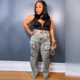 Plus Size Fashion Multi-pockets Removable Straight Jeans GAKF-41208