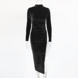 High Collar Pleated Split Midi Dress GZJF-6619