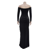Solid Color Off Shoulder Split Evening Dress BY-7157