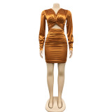 Solid Color Long Sleeve Hollow Out Midi Dress BY-5583