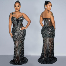 Mesh Hot Drill Backless Sling Maxi Dress BY-6820