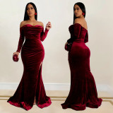 Solid Color Off Shoulder Split Evening Dress BY-7157