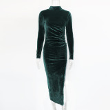 High Collar Pleated Split Midi Dress GZJF-6619