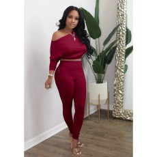 Slash Shoulder Solid Color Two Piece Pants Set GFMA-D49-S4