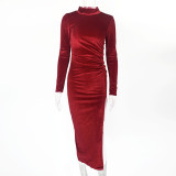 High Collar Pleated Split Midi Dress GZJF-6619