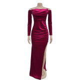 Solid Color Off Shoulder Split Evening Dress BY-7157