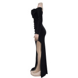 Solid Color Off Shoulder Split Evening Dress BY-7157