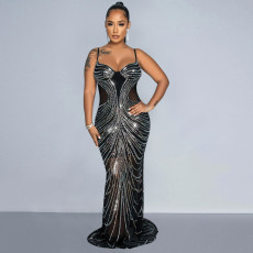 Mesh Hot Drill Backless Sling Maxi Dress BY-6820