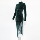High Collar Pleated Split Midi Dress GZJF-6619