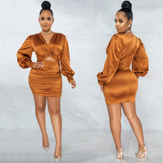 Solid Color Long Sleeve Hollow Out Midi Dress BY-5583