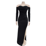 Solid Color Off Shoulder Split Evening Dress BY-7157