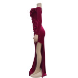 Solid Color Off Shoulder Split Evening Dress BY-7157