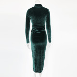 High Collar Pleated Split Midi Dress GZJF-6619