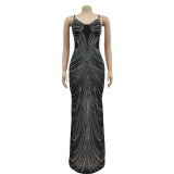 Mesh Hot Drill Backless Sling Maxi Dress BY-6820
