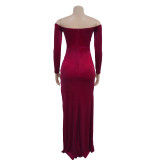 Solid Color Off Shoulder Split Evening Dress BY-7157