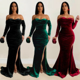 Solid Color Off Shoulder Split Evening Dress BY-7157