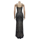 Mesh Hot Drill Backless Sling Maxi Dress BY-6820