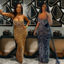 Hot Drill Backless Sling Maxi Dress CYA-901322