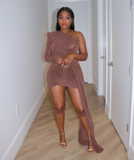 Sexy Solid One Shoulder Sleeve Tight Mini Dress AIL-227