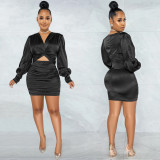 Solid Color Long Sleeve Hollow Out Midi Dress BY-5583