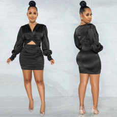 Solid Color Long Sleeve Hollow Out Midi Dress BY-5583