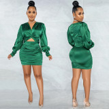 Solid Color Long Sleeve Hollow Out Midi Dress BY-5583