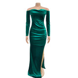 Solid Color Off Shoulder Split Evening Dress BY-7157