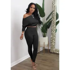 Slash Shoulder Solid Color Two Piece Pants Set GFMA-D49-S4