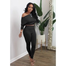 Slash Shoulder Solid Color Two Piece Pants Set GFMA-D49-S4