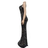 Mesh Hot Drill Backless Sling Maxi Dress BY-6820