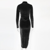 High Collar Pleated Split Midi Dress GZJF-6619