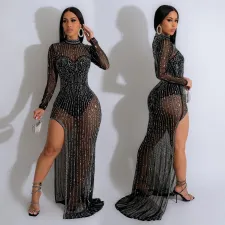 Hot Drill Mesh High Split Maxi Dress BY-6866