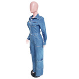 Fashion Denim Washed Long Sleeve Jumpsuit LX-3579