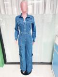 Fashion Denim Washed Long Sleeve Jumpsuit LX-3579