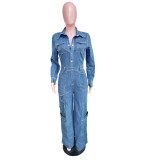 Fashion Denim Washed Long Sleeve Jumpsuit LX-3579