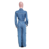 Fashion Denim Washed Long Sleeve Jumpsuit LX-3579
