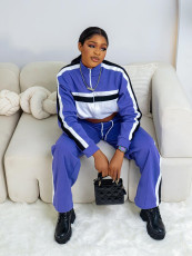 Color Block Zipper Drawstring Casual Pants Suit  MIL-T126