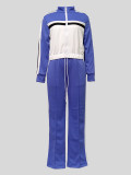 Color Block Zipper Drawstring Casual Pants Suit  MIL-T126